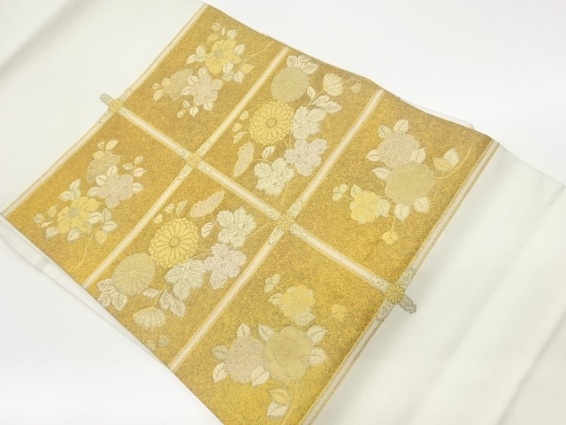 JAPANESE KIMONO / VINTAGE NAGOYA OBI / WOVEN GRID & KIKU WITH CAMELLIA